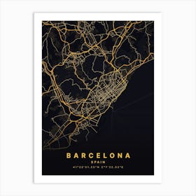 Barcelona Spain Black And Gold Map Art Print