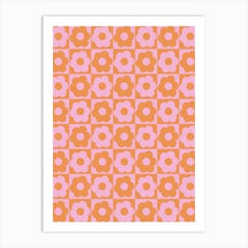 Floral Checker Orange Pink Art Print