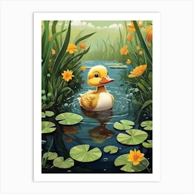 Cartoon Duckling Swimming With Water Lilies 4 Art Print