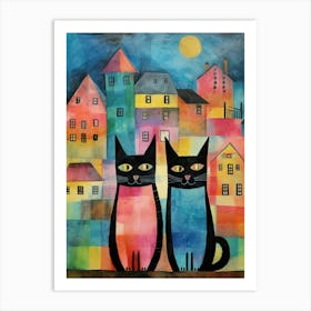 Cats With A Medieval Village Behind In The Moonlight 4 Art Print