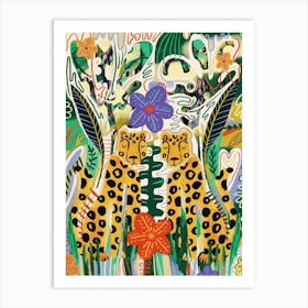 Twin Cheetahs Floral Pattern Art Print