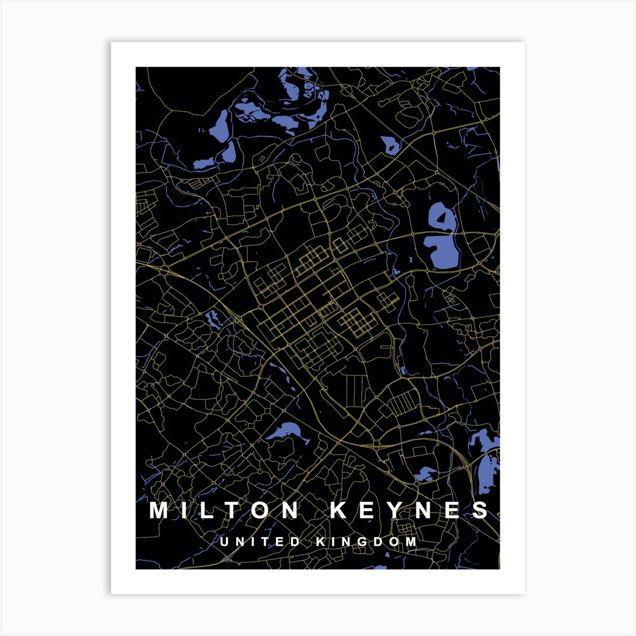 Milton Keynes City Map Black and Gold Art Print by Charnwood Prints
