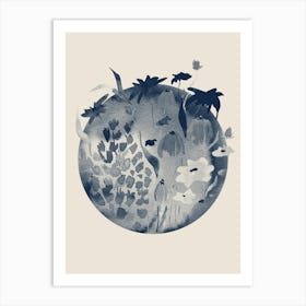 Boho Moon And Line Flowers in Navy Blue and Beige Art Print