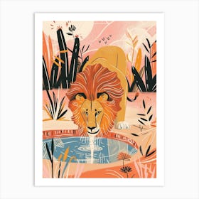 African Lion Drinking From A Watering Hole Illustration 4 Art Print