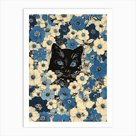 Black Cat In Blue Flowers 8 Art Print