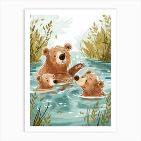 Sloth Bear Family Swimming In A River Storybook Illustration 1 Art Print