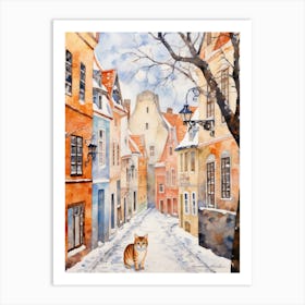 Cat In The Streets Of Tallinn   Estonia With Snow 1 Art Print