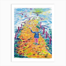 Colourful Child'S Journey Chasing Doves Art Print