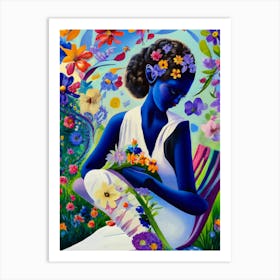 Blue Woman With Flowers Art Print