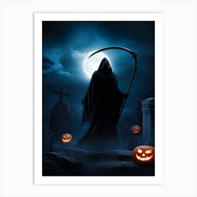 Sinister Reaper Silhouetted Against A Full Moon On Halloween Night Draped In A Tattered Black Cloak (3) Art Print