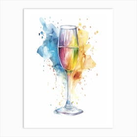 Watercolor Rainbow Champagne Glass Golden And Pastel Colors Art Print