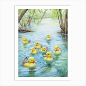 Ducklings Swimming In The River Pencil Illustration 3 Art Print