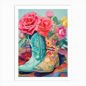 Oil Painting Of Roses Flowers And Cowboy Boots, Oil Style 1 Art Print