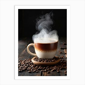 Cappuccino In A Rustic Wood Mug Amid Billowing Smoke Background Of Dark Roasted Beans And Steam Ri (1) Art Print