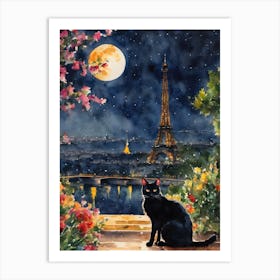 The Black Cat in Paris - Black Cat Travels Series Visiting The Eiffel Tower on a Full Moon Iconic France   Traditional Watercolor Art Print Kitty Travels Home and Room Wall Art Cool Decor Klimt and Matisse Inspired Modern Awesome Cool Unique Pagan Witchy Witches Familiar Gift For Cat Lady Animal Lovers World Travelling Genuine Works by British Watercolour Artist Lyra O'Brien Art Print