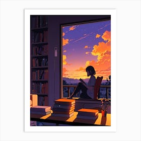 Anime Girl Reading At Sunset 2 Art Print