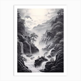Shosenkyo Gorge In Yamanashi, Ukiyo E Black And White Line Art Drawing 2 Art Print