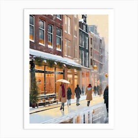 Amsterdam cafes, winter season, Christmas, autumn oil colors, pale colors, pedestrians in the street, winter clothes, falling snow.4 1 Art Print