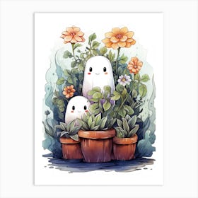 Cute Bedsheet Ghost, Botanical Halloween Watercolour 117 Art Print