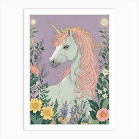 Pink Hair Unicorn In The Meadow Art Print