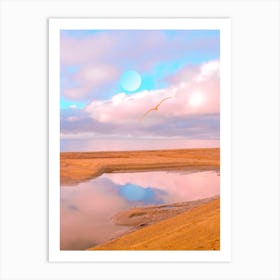 Moon Reflexion With Pink Seagull Art Print