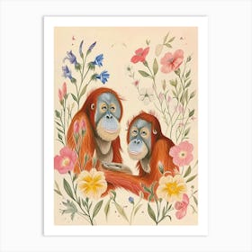 Folksy Floral Animal Drawing Orangutan 3 Art Print