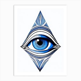 Celestial Eye, Symbol, Third Eye Blue & White 4 Art Print