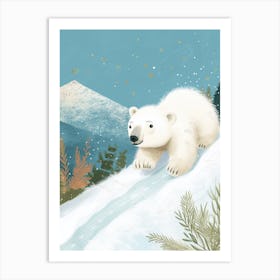 Polar Bear Cub Sliding Down A Snowy Hill Storybook Illustration 1 Art Print