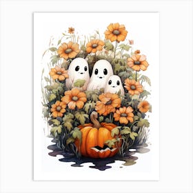 Cute Bedsheet Ghost, Botanical Halloween Watercolour 5 Art Print