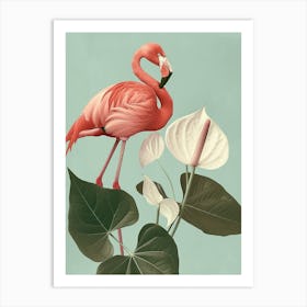 American Flamingo And Anthurium Minimalist Illustration 2 Art Print