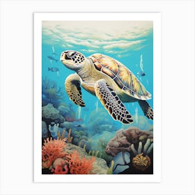 Sea Turtle In The Ocean Linograph Illustration 7 Art Print