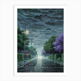 Anime Canvas Art: Moody Rainy Suburban Street with Storm Clouds and Reflections, Perfect for Lofi Aesthetic and Atmospheric Urban Art Fans. Art Print