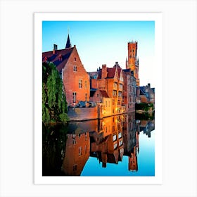 Reflection Of Belfry And Buildings Along Canal In The Historic City Center At Dusk, Bruges Art Print