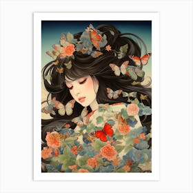 Butterflies With Peonies In Hair Of A Girl Art Print