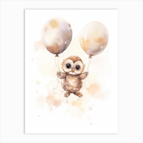 Baby Owl Flying With Ballons, Watercolour Nursery Art 1 Art Print