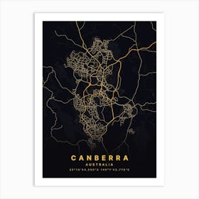 Canberra Australia Black And Gold Map Art Print