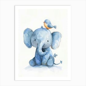 Small Joyful Elephant With A Bird On Its Head 1 Art Print