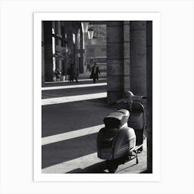 Scooter Under Colonnade In Rome Black And White Art Print