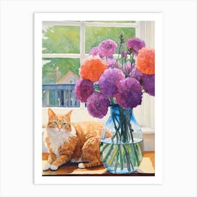 Cat With Allium Flowers Watercolor Mothers Day Valentines 2 Art Print