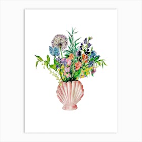Flowers In Shell Vase On White Art Print