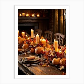 Autumn Table Decoration Cascading Leaves Of Warm Hues Rest Atop Smooth Pumpkins With Textured Exter (1) 2 Art Print