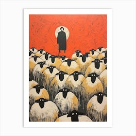 Sheep, Woodblock Animal  Drawing 4 Art Print