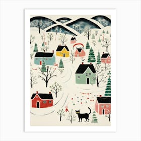 Black Cat Winter Mountain Village Christmas Art Print