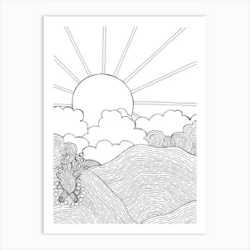 Sunrise In The Mountains Drawing Line Art Hills Art Print