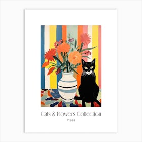 Cats & Flowers Collection Irises Flower Vase And A Cat, A Painting In The Style Of Matisse 1 Art Print