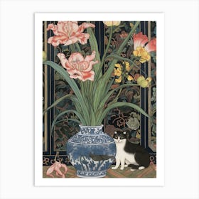 Cat Sitting Beside Blue Flower Vase Art Print