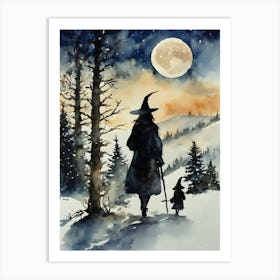 Let's Go To See The Moon (Little One) Mummy and Baby Witch Take Frosty Walk In The Snow On A Full Moon, Watercolour Painting, Artwork Pagan Witchy Witchcraft Fairytale Wheel of The Year, Solstice Winter Art Print