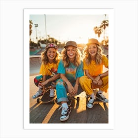 A Joyous Group Of Three Caucasian Female Skateboarders Hipster In Style Smiling Radiantly Sitting (4) Art Print