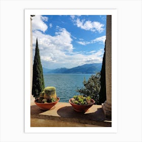 Italy lake como view from a villa on Varenna beautiful lake with cypris trees and palms ancient Art Print