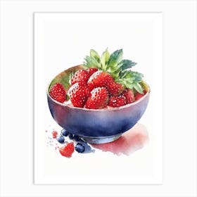 Bowl Of Strawberries, Fruit, Watercolour 1 Art Print